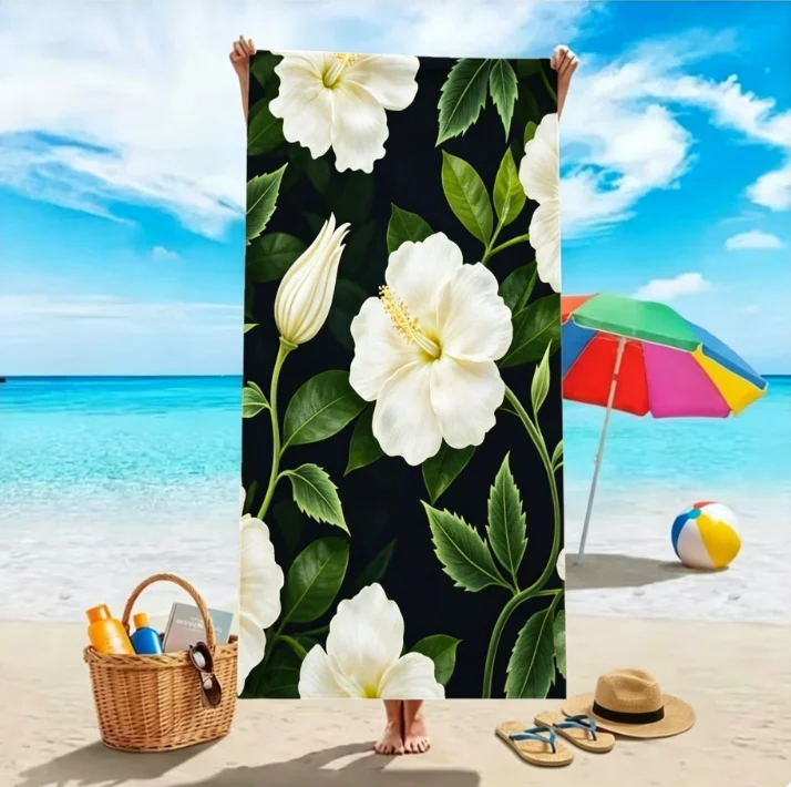 Large Microfiber Beach Towel, Tropical Blue Hibiscus Flower Print, Sand Free & Quick Dry, for Exotic Summer Beach Use
