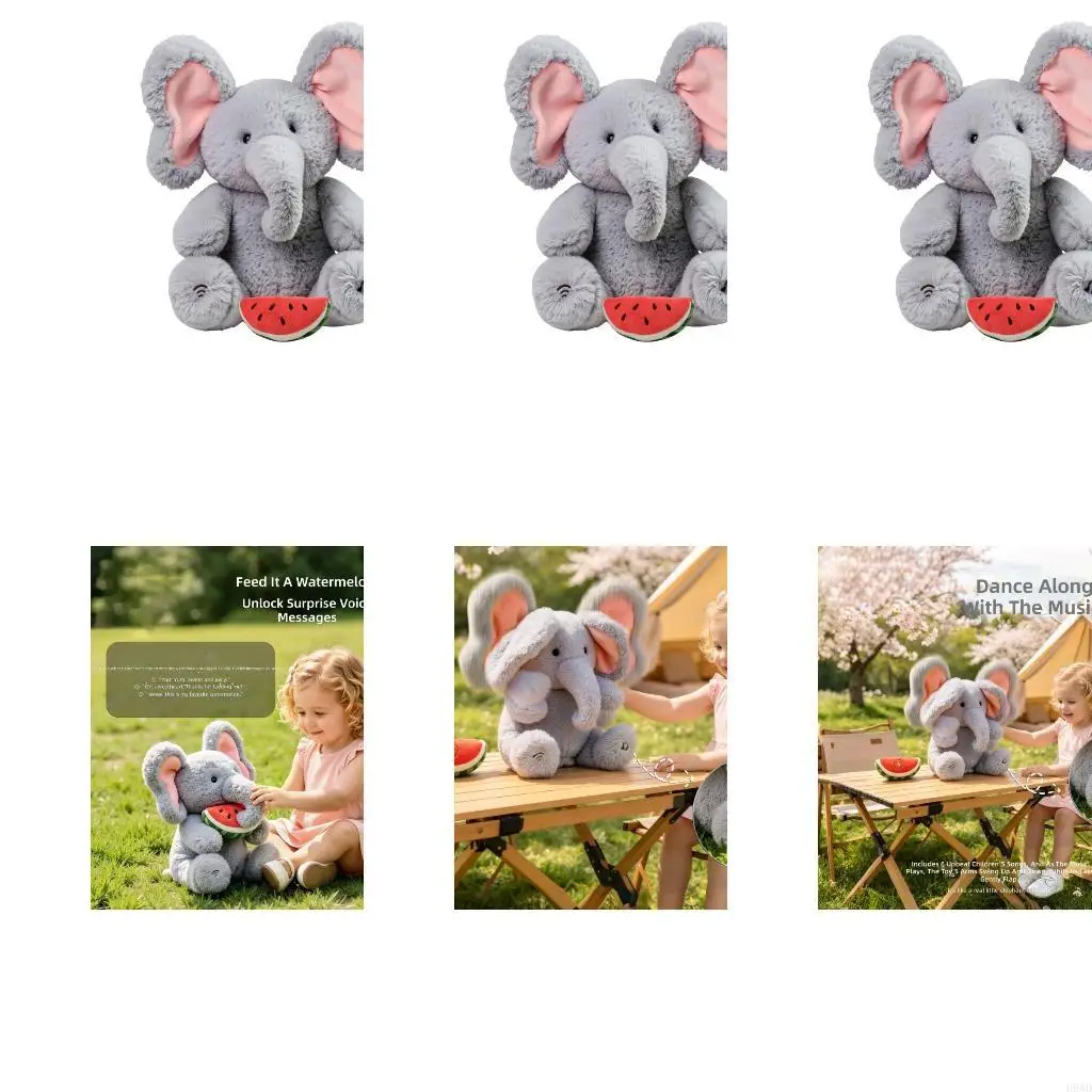 Musical Elephant Toy with Repeat-Back Voice Play, Gray Stuffed Animal and Watermelon Feeding Accessory for Babies and H8WD