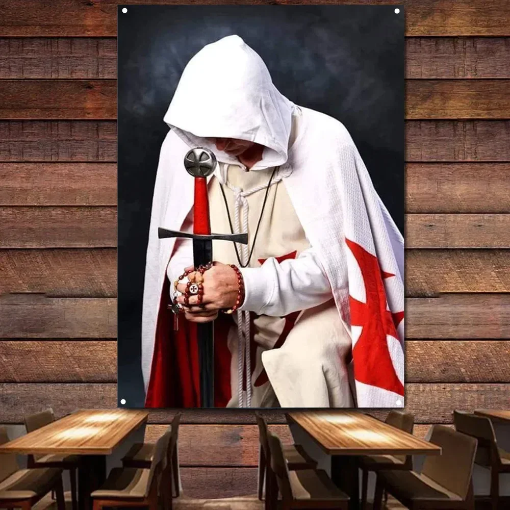 الماسونية فرسان تمبلار العلم نسيج خمر الفن الزخرفية راية الصليبية المحارب ملصق طلاء جدران ديكور المنزل المفروشات #1