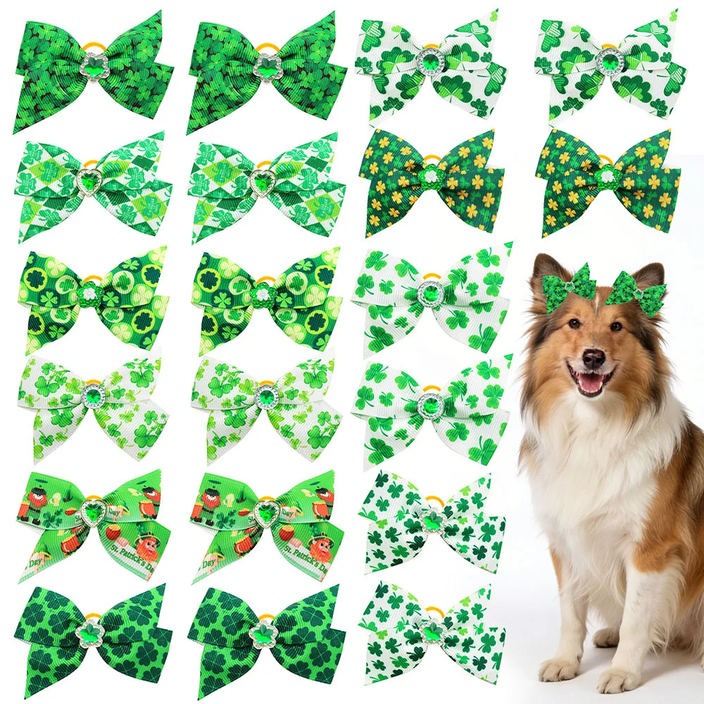 

100PCS St. Patrick's Day Dog Bows Handmade Pet Hair Bows For Medium-sized and Large Dogs Green Style Puppy Bowknots Pet Supplies