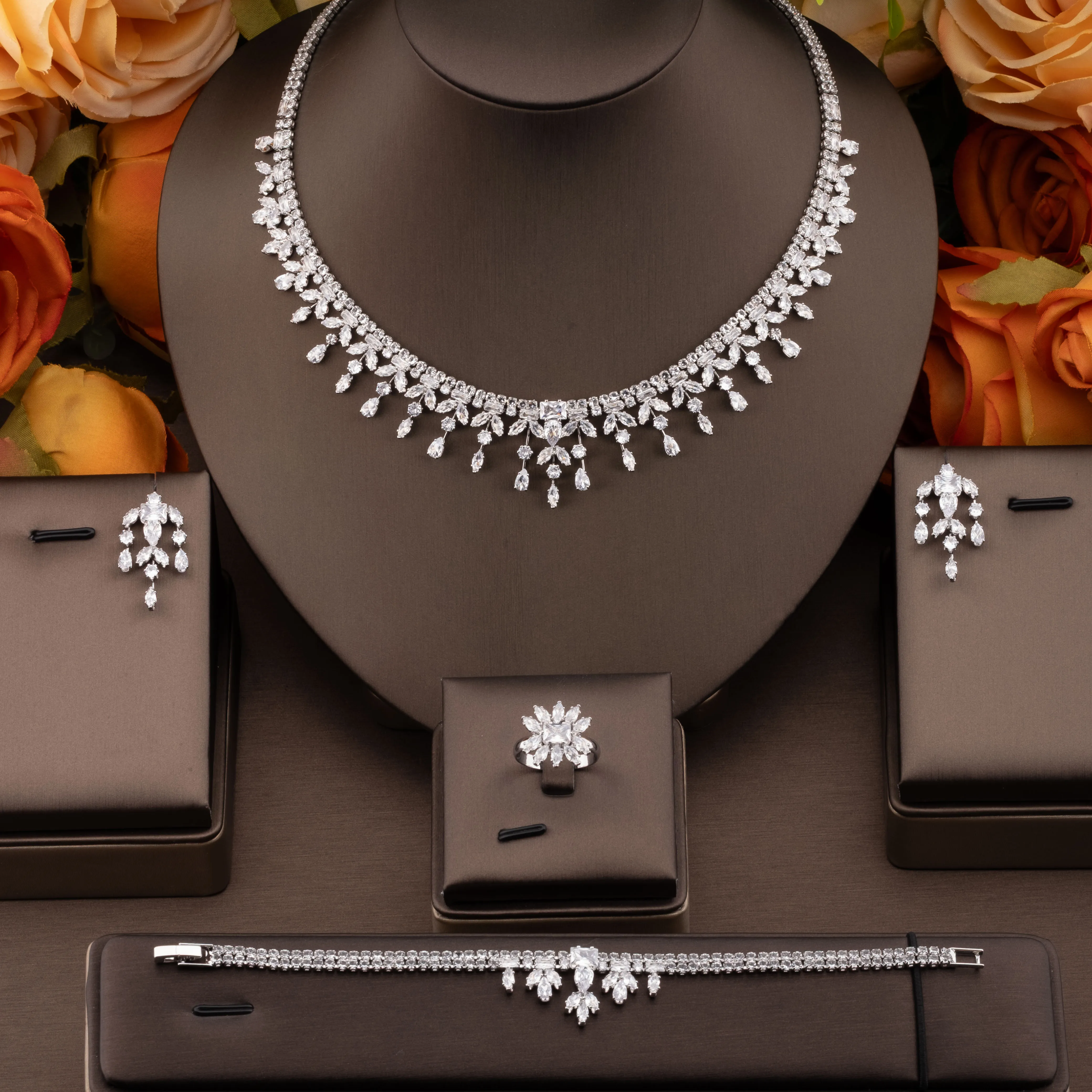 1 Set of Luxurious and Elegant Jewelry Set with Sparkling Cubic Zirconia Bouquet Design, Suitable for Women to Wear at Weddings and Banquets. Gift Box Not Included