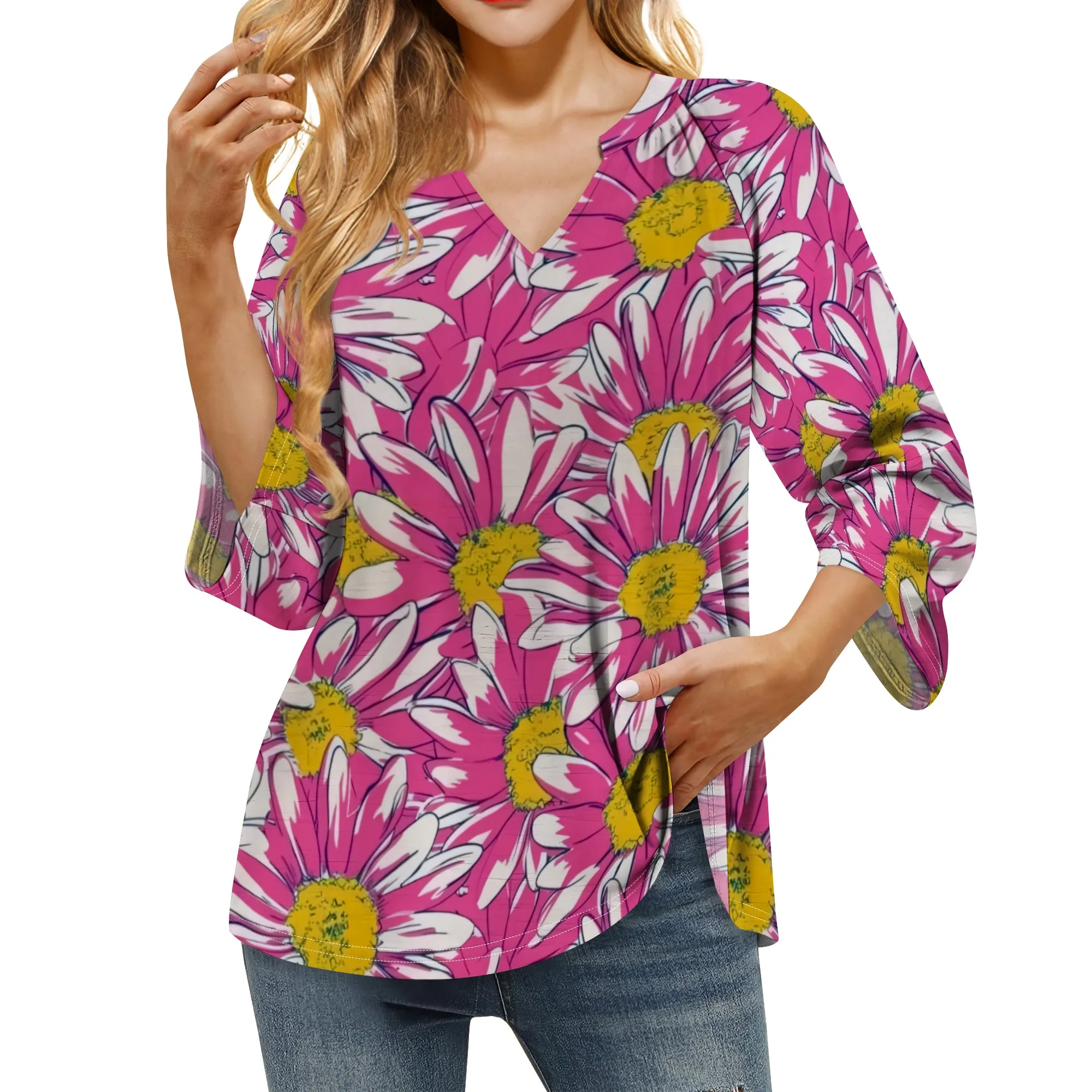 

3/4 Length Sleeve Womens Neon Flowers Graphics Tops Summer V-Neck Blouses Tunic T-Shirts Dressy Casual