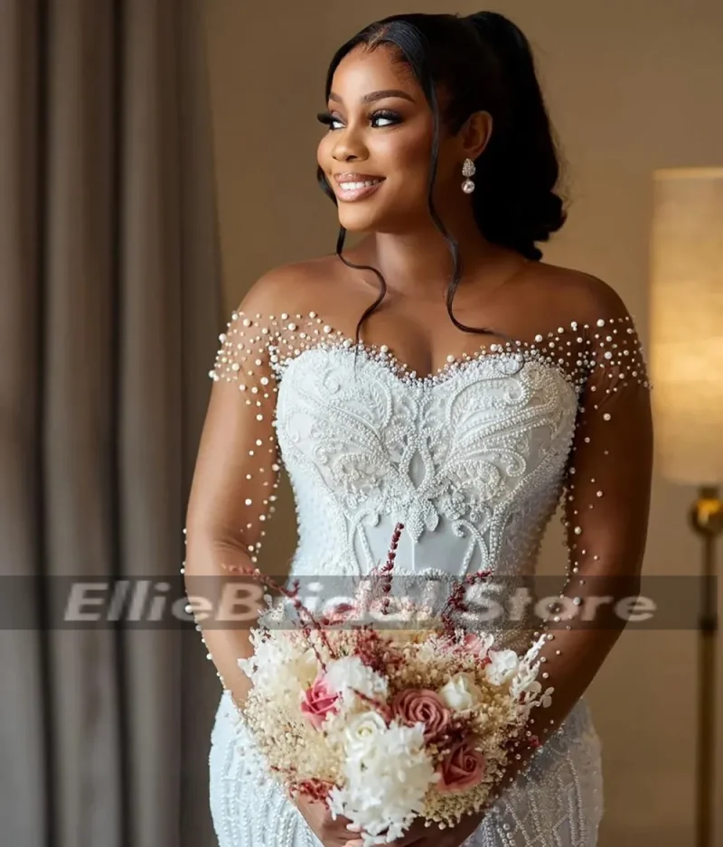 Elegant Wedding Dresses Mermaid Pearls Illusion Sleeves Beaded Lace Applique Romantic Bridal Gowns Vestido De Novia Customized