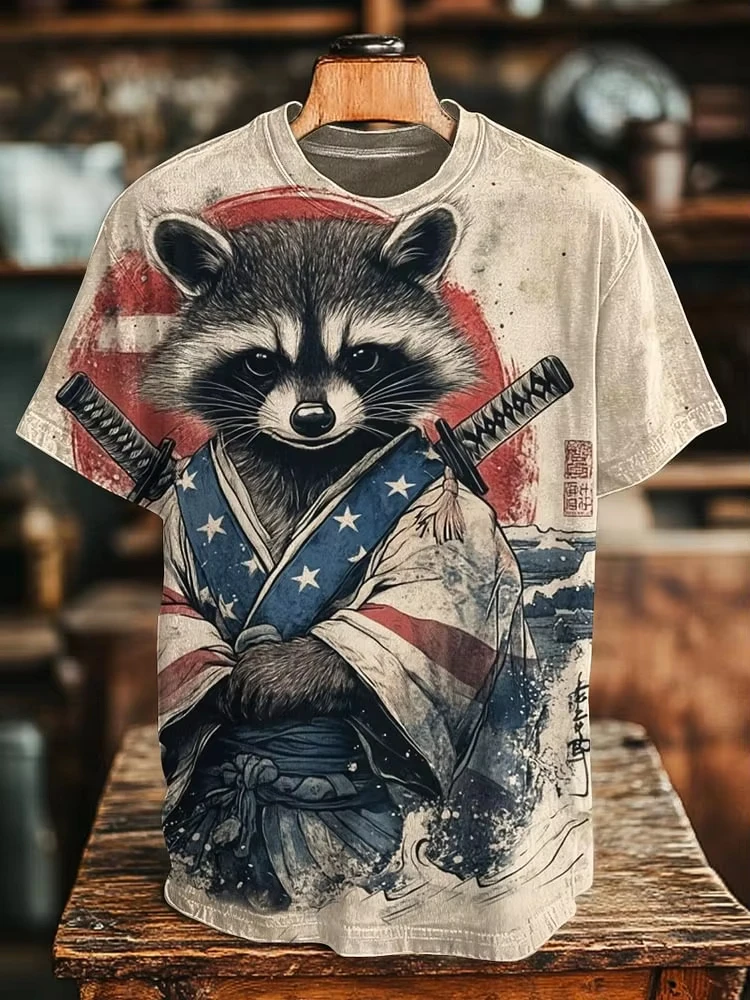 Funny Samurai Cat T-Shirts Animal 3D Print Men Women Round Neck Short Sleeve T Shirt Oversized Casual Tees Tops Men's Clothing