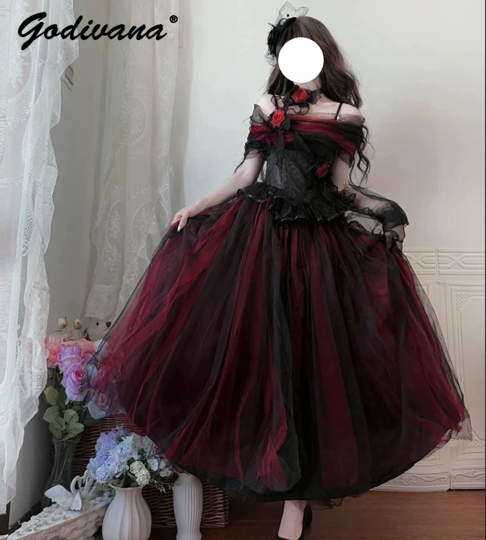 

Gothic Red and Black Lolita Strapless Lace Mesh Birthday Party Dress Women's Sweet Cool Slim Long Dresses