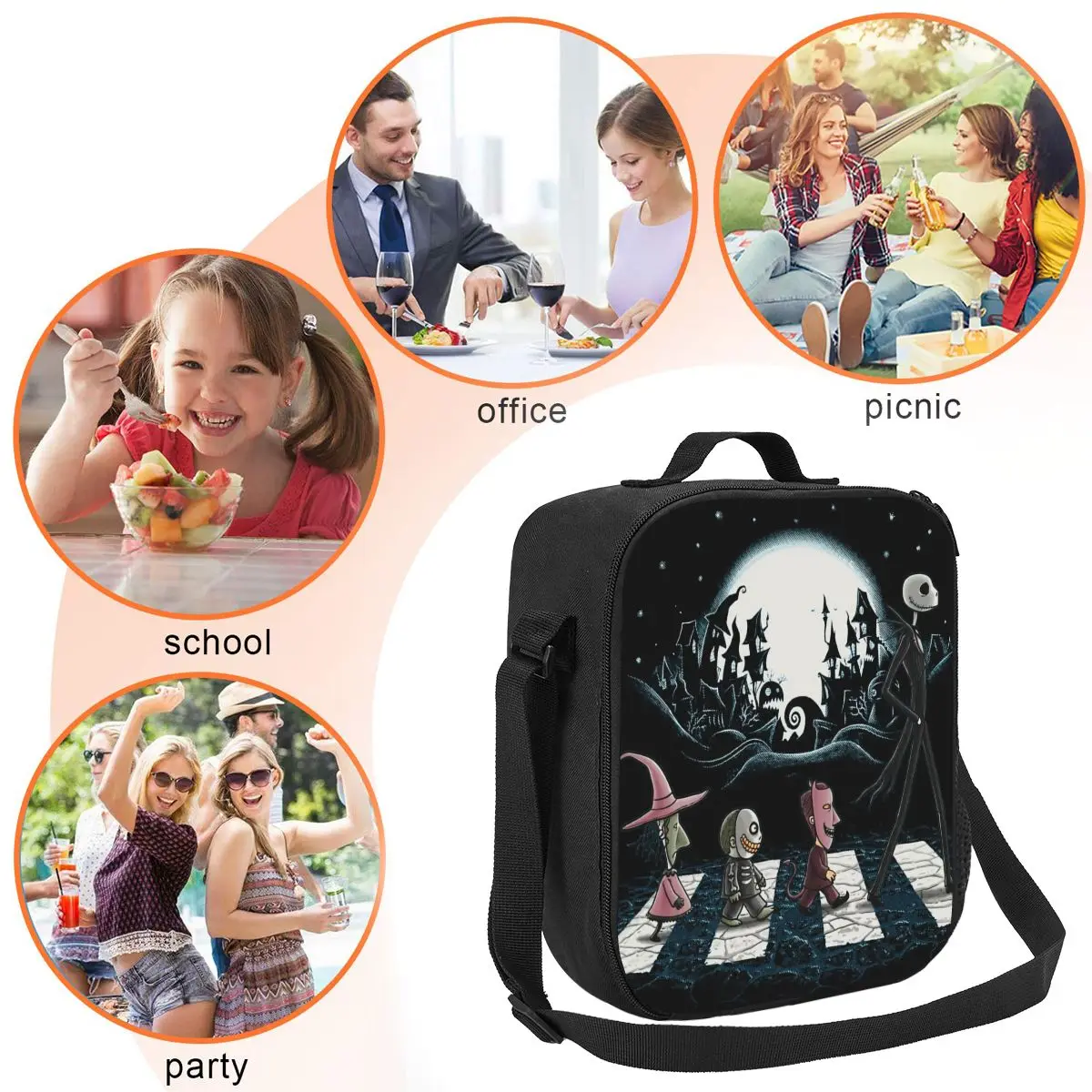 Custom Horror Nightmare Christmas Jack Skellington Insulated Lunch Bag for Women Cooler Thermal Bento Box Kids School Children