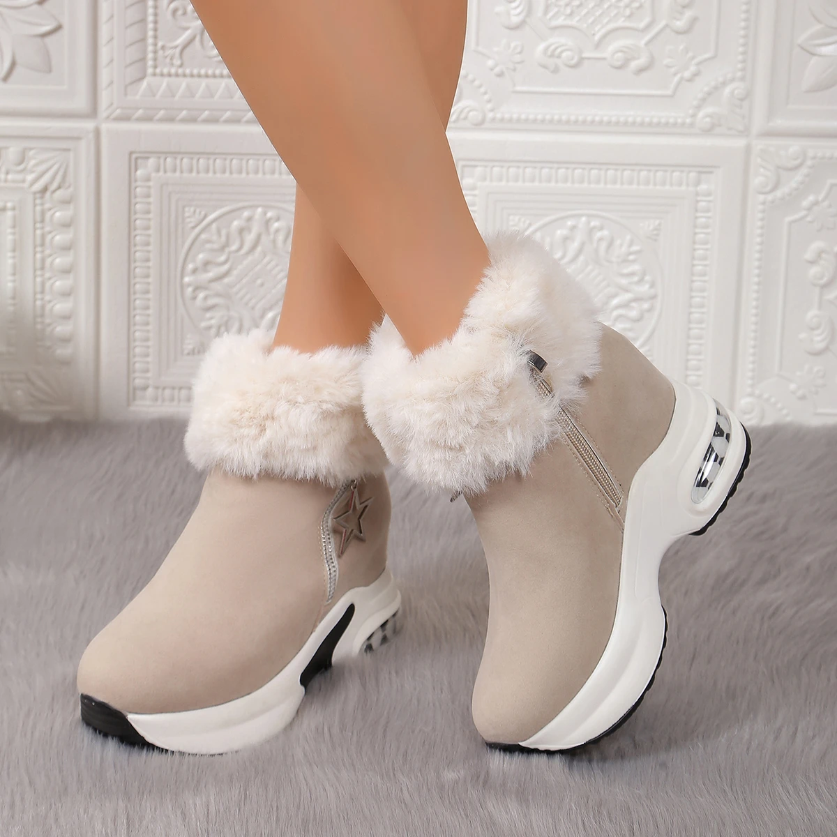 Women Boots Winter 2024 New Casual High Heels Warm Boots Thickened Fluff Wedge Shoes Fashion Outdoor Platform Snow Boots Women