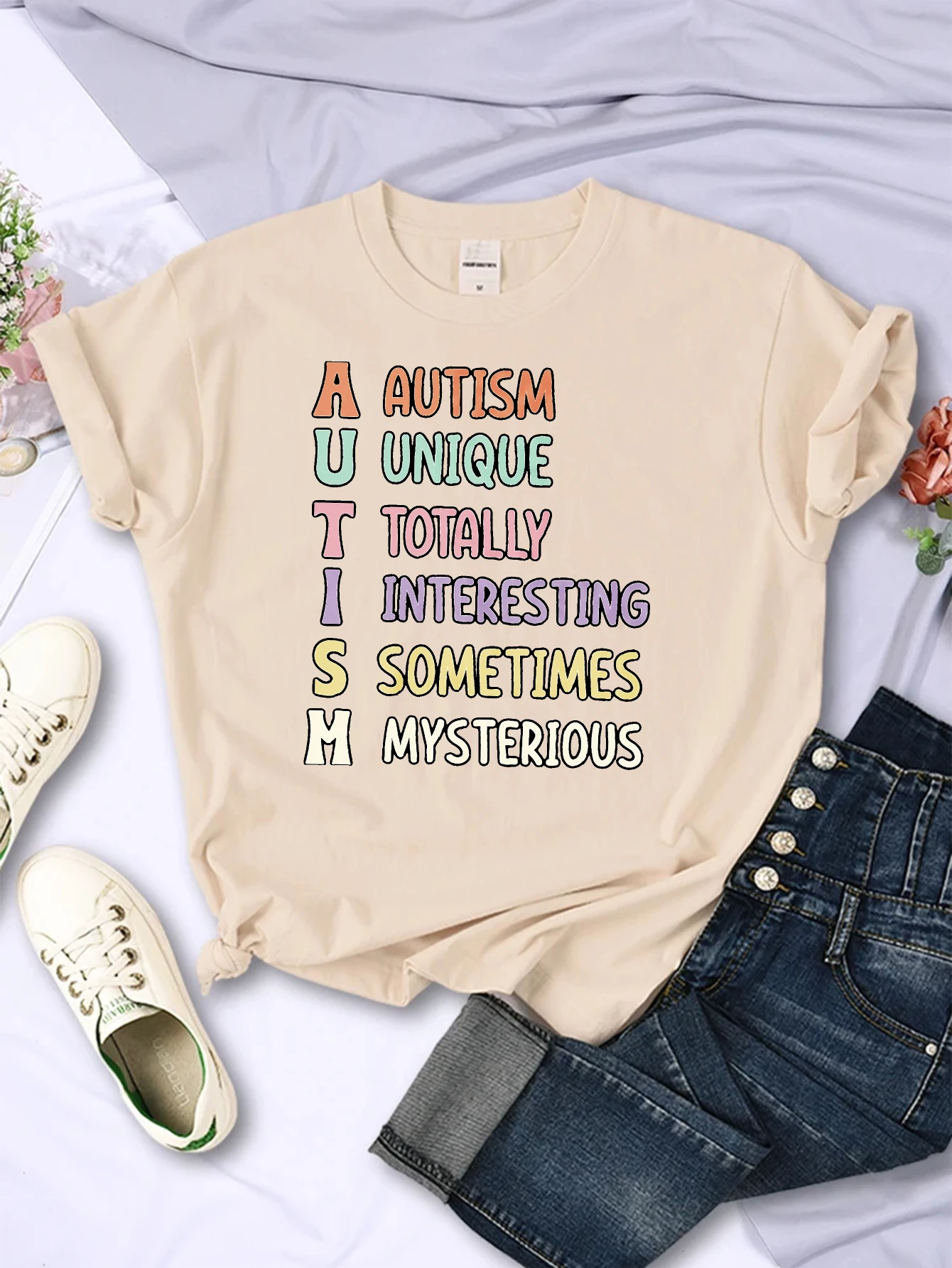 Autismo sempre único totalmente interessante confortável solto ajuste em torno do pescoço camiseta natal durante todo o ano multi-cor