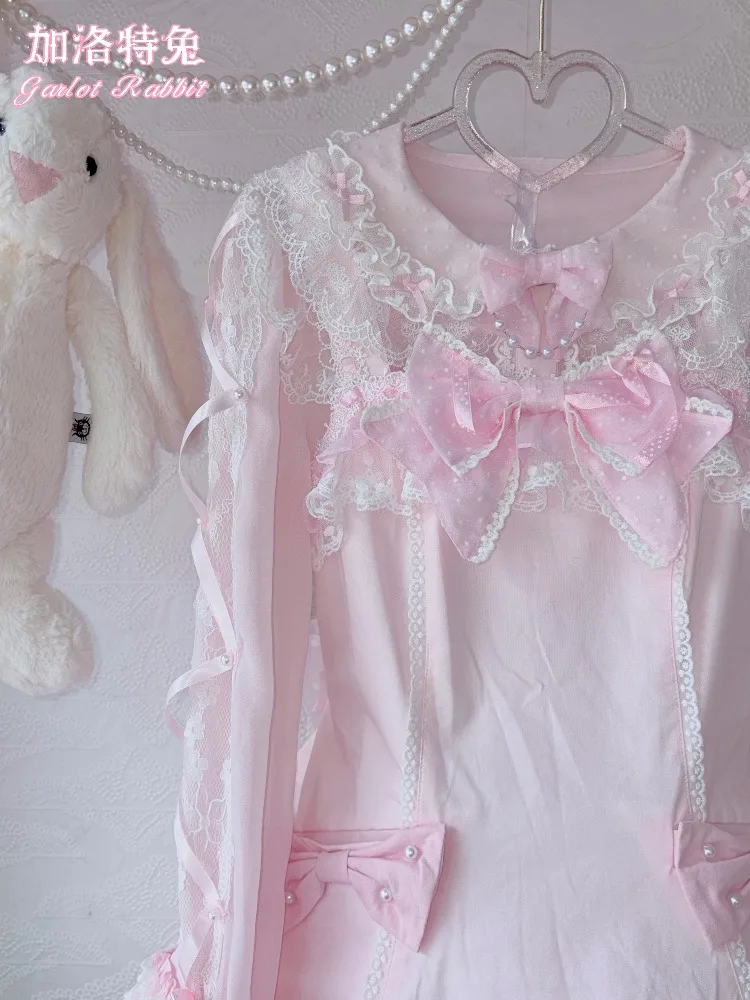 Lolita Sweet Pearl Ribbon Chiffon Blouse Women Long Sleeve Lace Top Soft Girls Innerwear