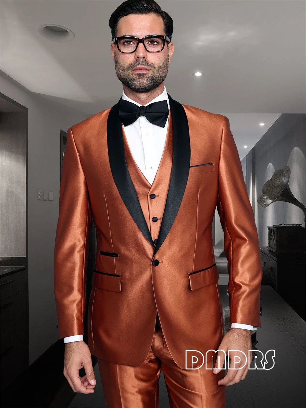 

Elegant Satin Suit Set for Men 4 Pieces (Jacket Vest Pants Bowtie) Classic Shawl Neck Blazer Customized Colors and Size Men Suit