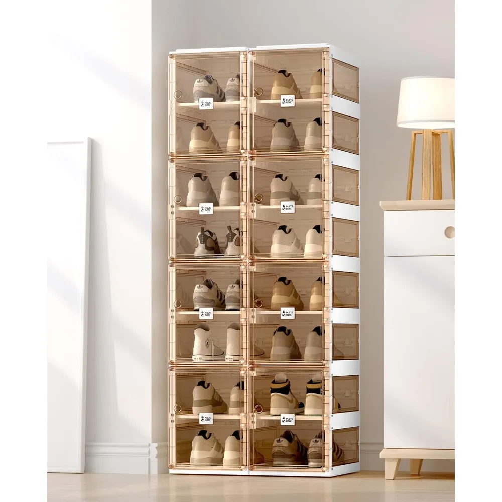 Foldable Shoe Rack For Entryway,Living Room,Large Sturdy Stackable Cabinet Bins With Magnetic Clear Door 8 Tiers 16 Pairs