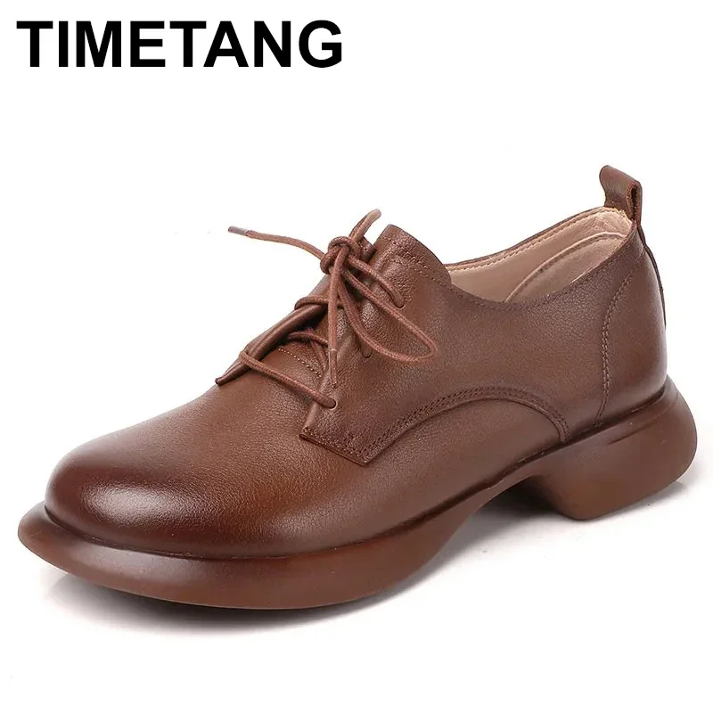 

Retro Oxford Shoes Women Brand Designer Shoes Spring Genuine Leather Lace-up Non-slip Mid Heel Office Female Shoes Handmade