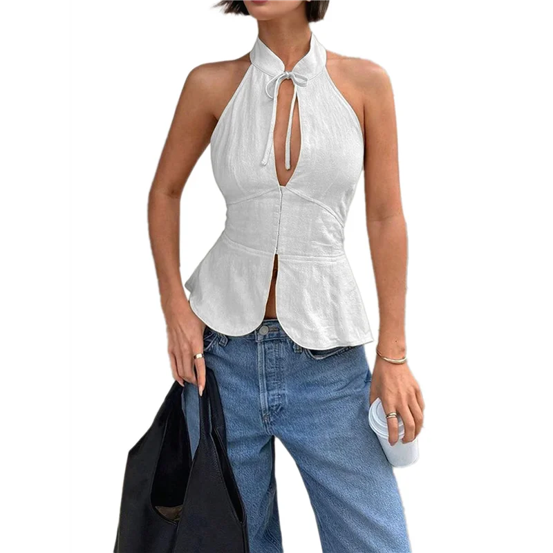 

ABRT-Women's Summer Halter Tops Sleeveless Cut Out Bow- Tie Backless Going Out Blouse