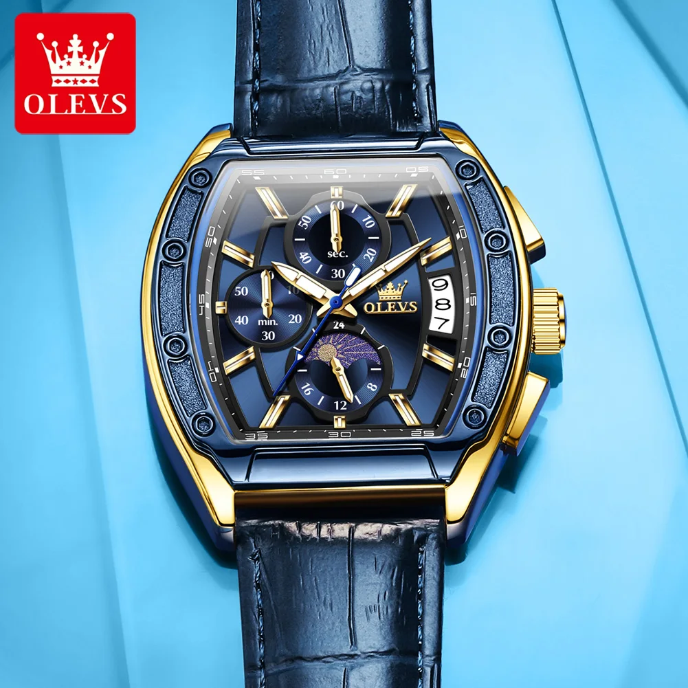 OLEVS 3661 ساعة رجالية ساعة كوارتز متعددة الوظائف الشريط الرياضة مربع Blet ساعة للرجال القمر 30 متر مقاوم للماء صندوق مضيء هدية