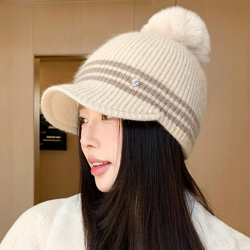 Korean Rabbit Fur Duck Tongue Baseball Hat Korean Version Striped Light Luxury Hairball Knitted Hat Fashion Thermal Hat