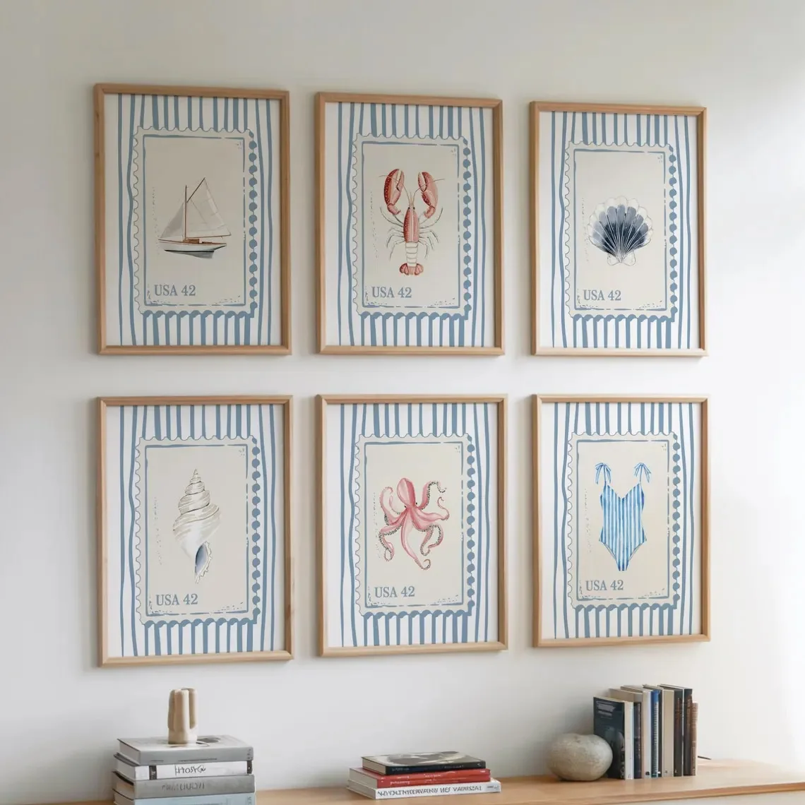 6pcs frameless Canvas Painting 6pcs Vintage Blue Beach Stamp Art Prints, Ocean-Themed Canvas Paintings, Perfect for Bedroom or L