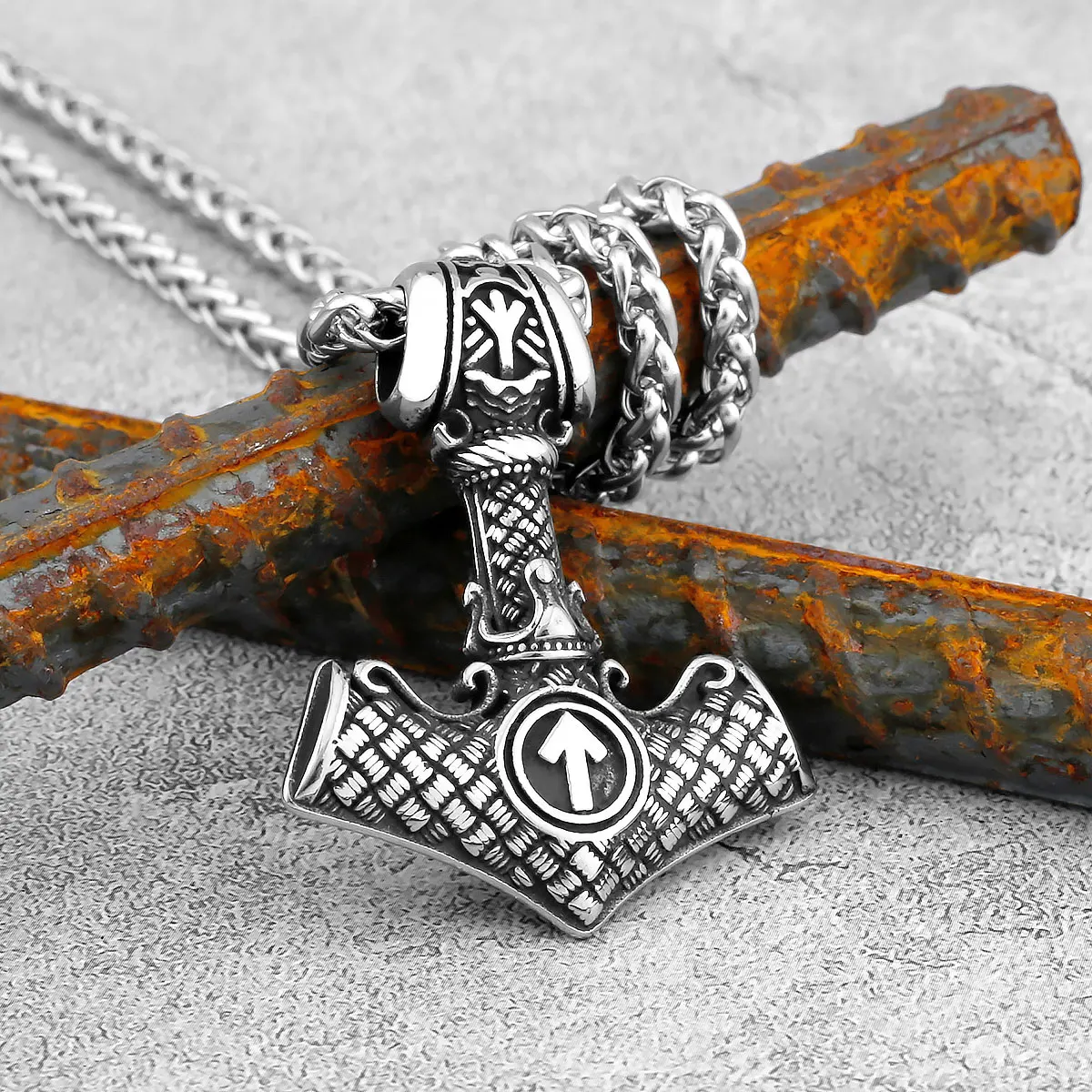 Men\'s Stainless Steel Thor\'s Hammer Viking Necklace Triangle Rune Keel Charm Fashion Pendant Necklace Amulet Jewelry Gift