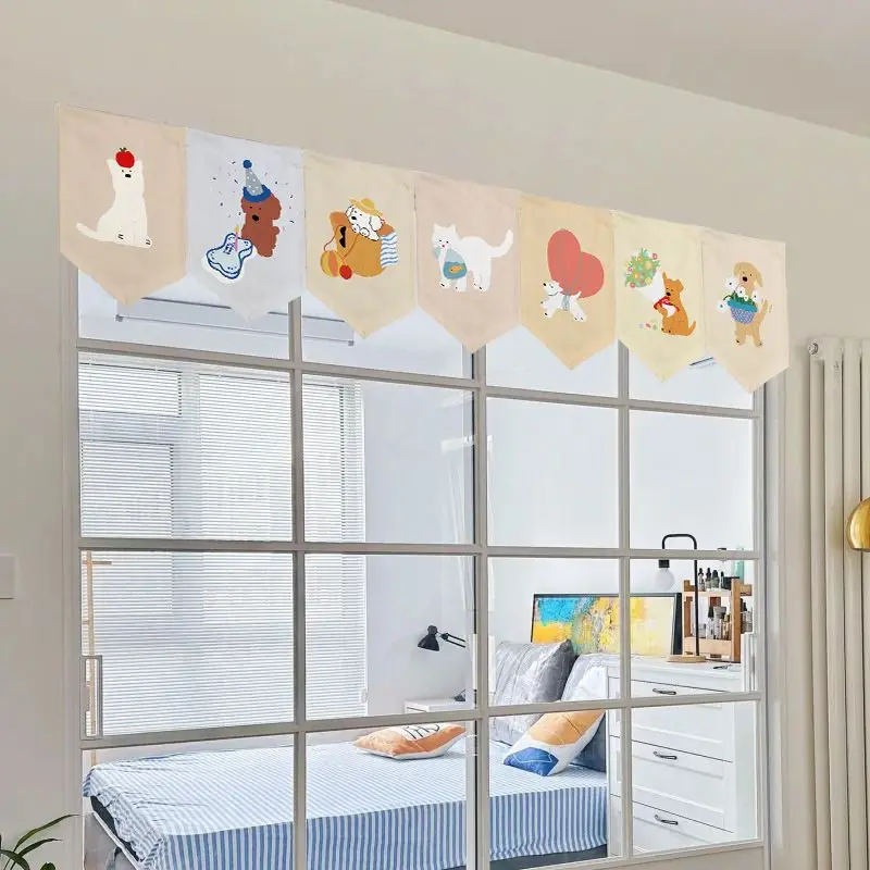 VIKAMA Cute Pet Dog Cat Triangular Curtain Cream Puppy Kitten Balloon Bouquet Gift Kids Room Kitchen Window Valance Decor Soft