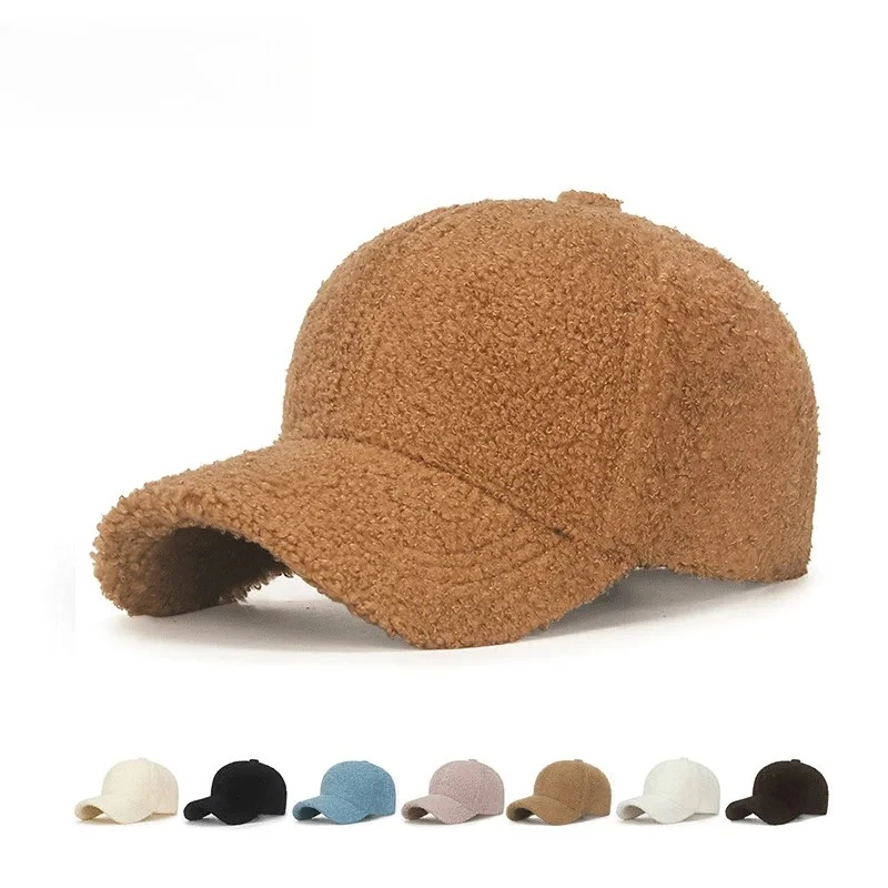 

Autumn Winter Hats Keep Warm Cap Plush Baseball Caps Big Head Solid Artificial Lamb Wool Baseball Cap Women Men Outdoor Dad Hat