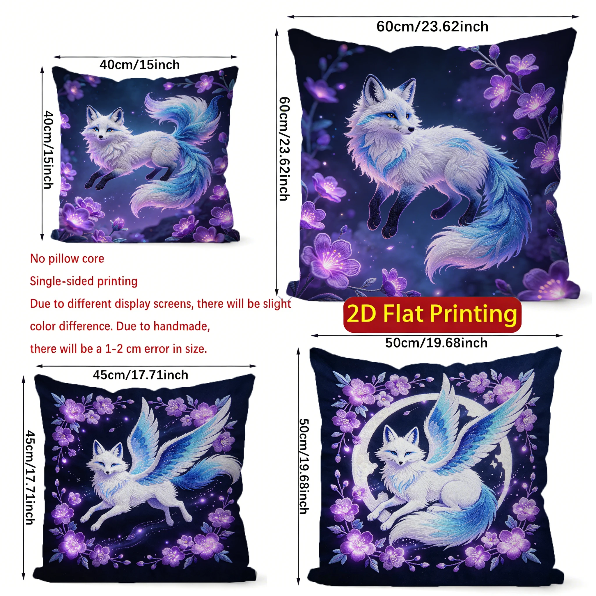 Purple Floral Winged Fox Square Throw Pillow Covers Pattern Cushion Cover Suitable for Sofa Bedroom Car Pillow Cover