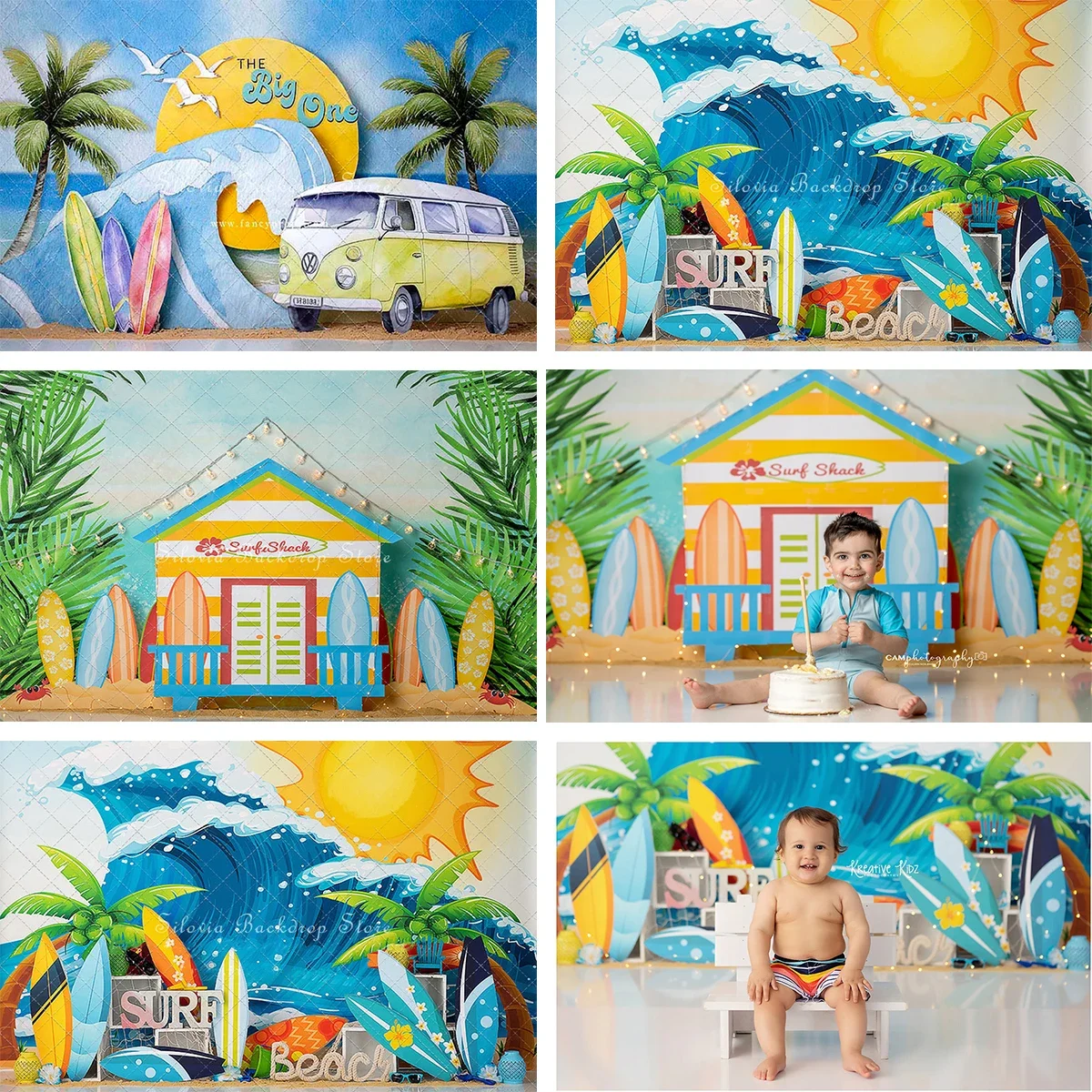 Longboard Surfer เด็กภาพพื้นหลังฤดูร้อนชายหาดวันเกิดเค้ก Smash การถ่ายภาพฉากหลังเด็ก Portrait Photo Studio Props
