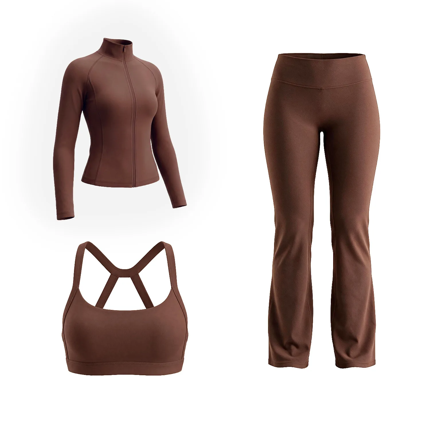 Women's 3-piece set with stand-up collar and zipper yoga pants, detachable neck bra, high-waisted and shaping pants set