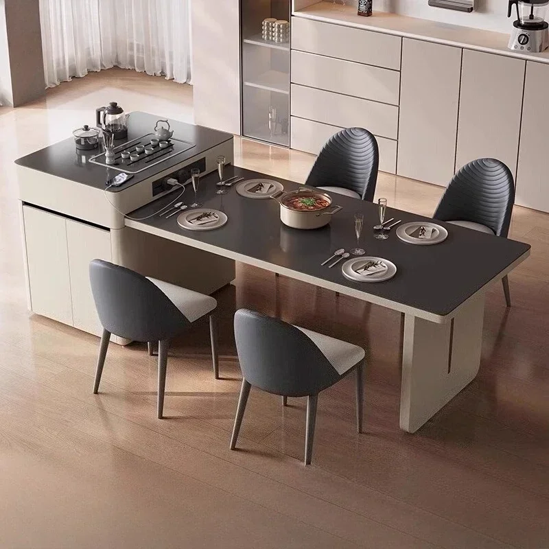 

Modern Dining Table Furniture Simple Island Dining Table Retractable Rock Slab Multi-functional Tea Induction Cooker Cream Wind