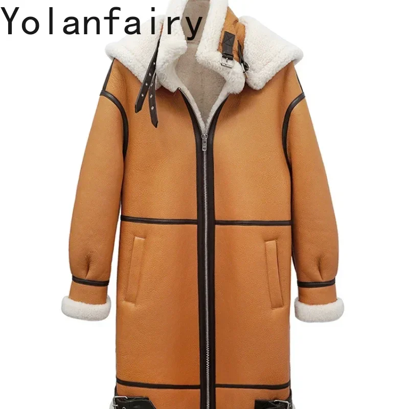

YOLANFAIRY зимняя шуба из натурального овчины, женская уличная куртка с капюшоном из натурального меха, женская средней длины, куртка из натуральной кожи