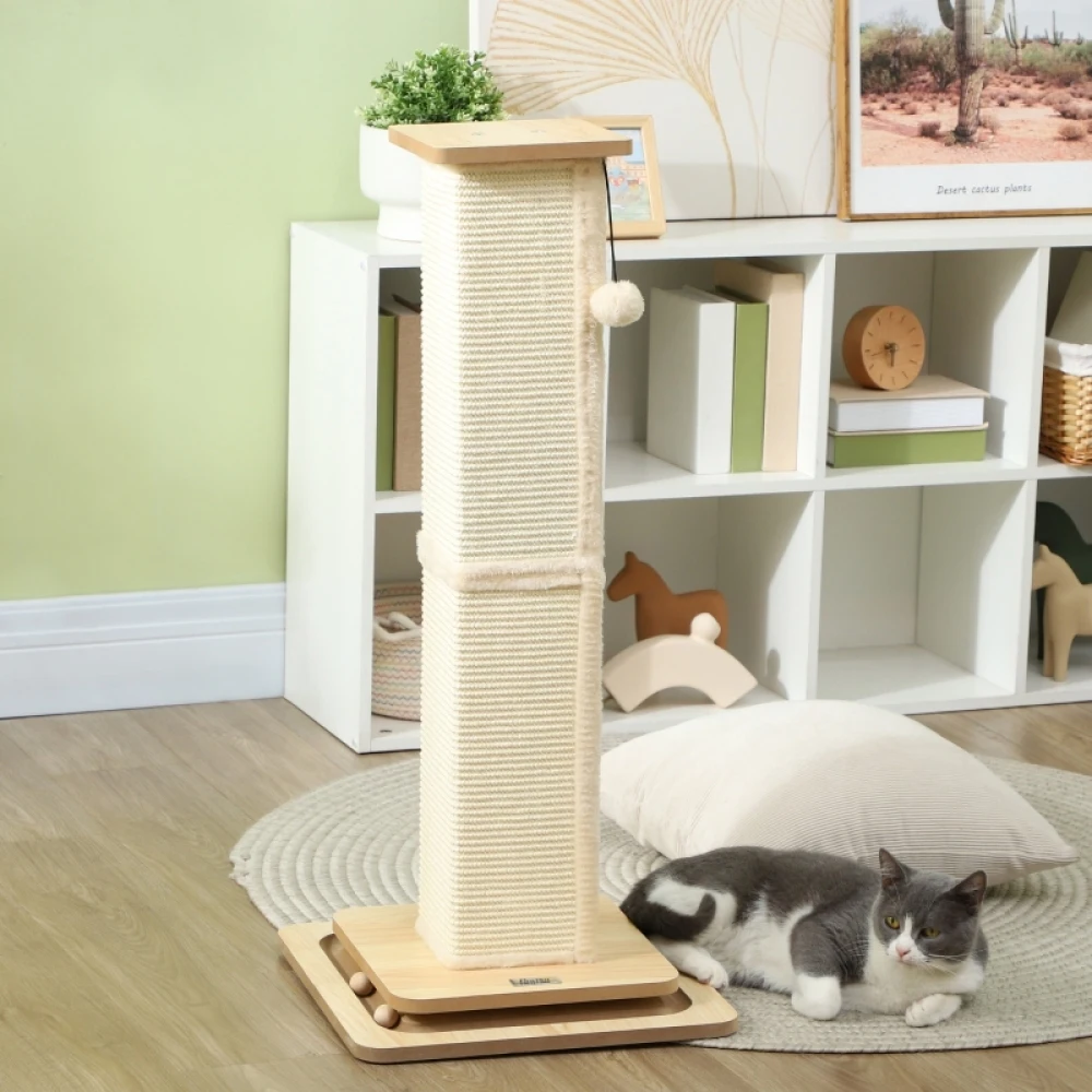 PINGGO 3-in-1 Cat Scratching Post, 87cm Cat Scratcher W/ Track Ball Toy, Oak Tone, Grass Woven Full Coverage, Sturdy Structure
