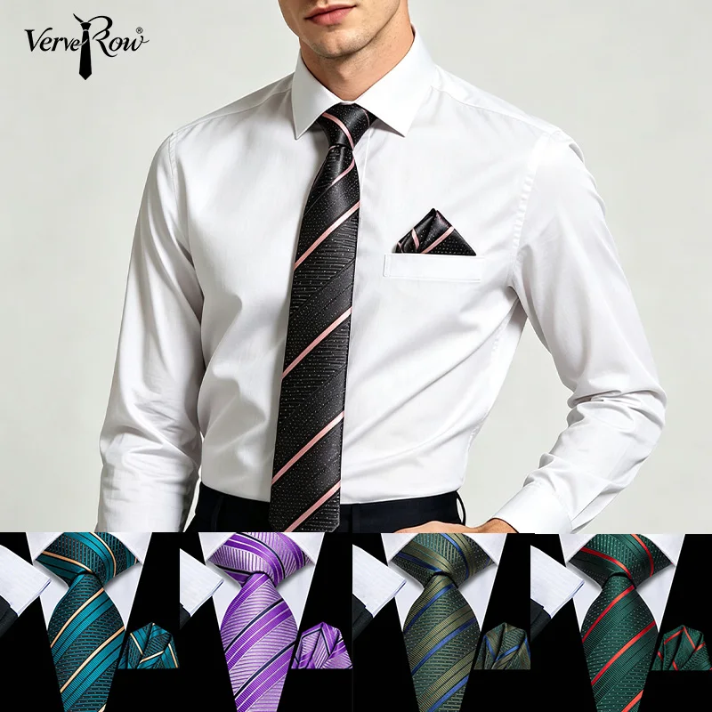 VerveRow Men Stripe Tie & Pocket Square Set, Grey Pink Diagonal Striped Necktie Handkerchief for Business Wedding Party