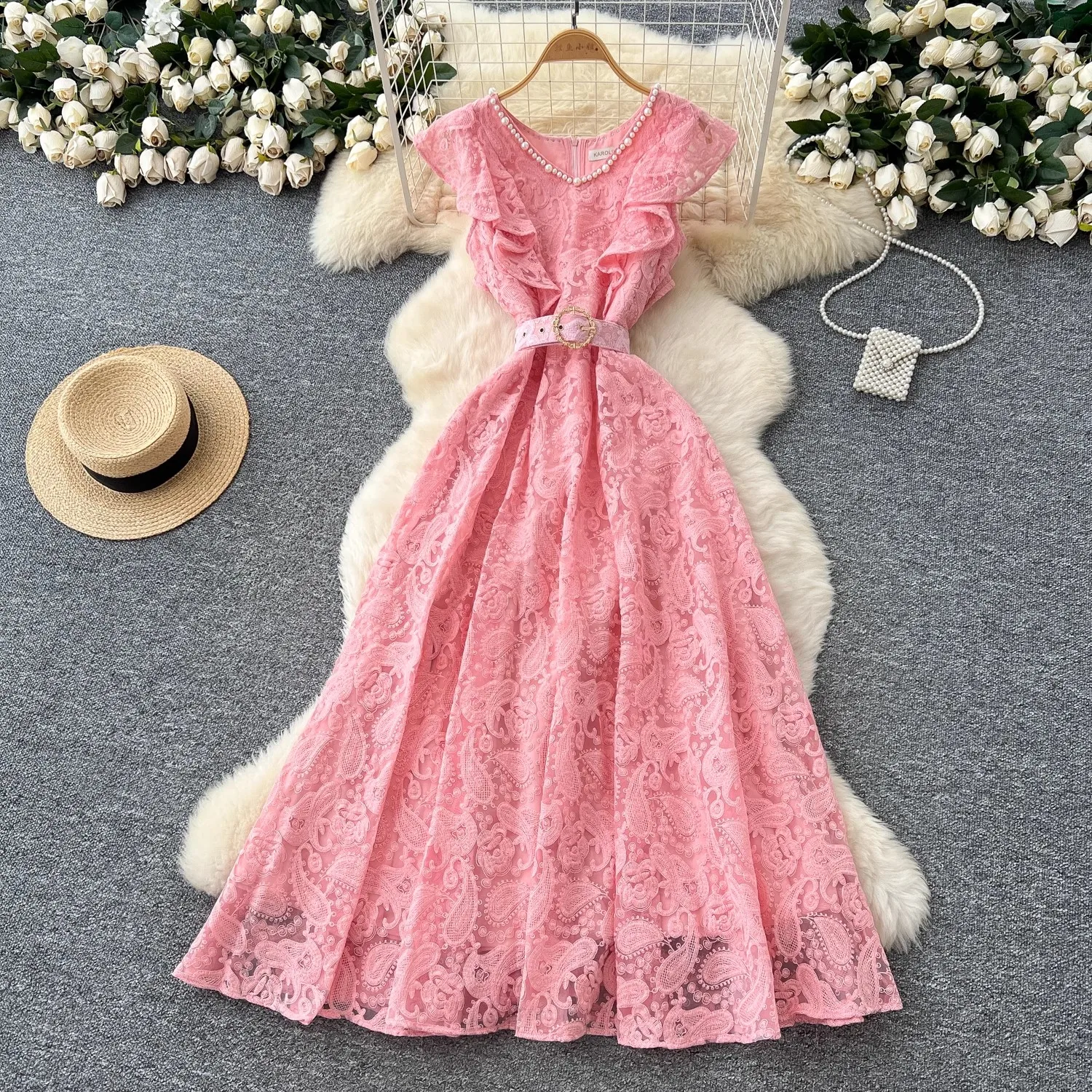 

Summer Crystal Beaded Women Elegant Floral Emboridery Dress Flying Sleeve Hollow Out Belt French Chic Long A-Line Pleated Dress