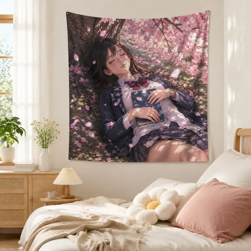 Cherry Blossom School Girl Anime Tapestry, Sunset Floral Wall Hanging, Soft Aesthetic Blanket for Girls Bedroom Dorm Decor