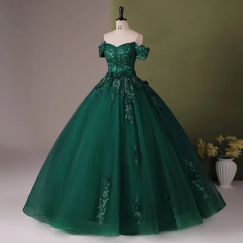 Vestido De quinceañera verde oscuro con apliques De hombros descubiertos, vestido De fiesta De graduación, vestido De baile De encaje con tren pequeño, 15