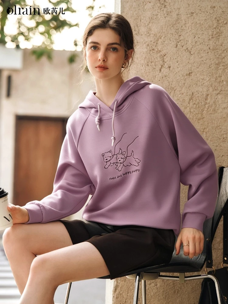 OLrain Women's Hooded Loose Sweater 2025 Autumn New Fun Cartoon Embroidered Tops Fashion Casual Sweatshirts Commute O57QR000695