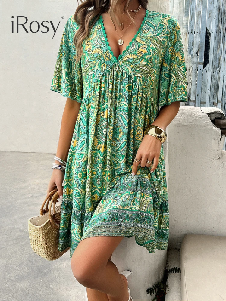 2024 New in Summer Paisley Print Boho Viscose Dress for Women Casual Loose Short Sleeve Deep V Neck Bohemian Vacation Dresses