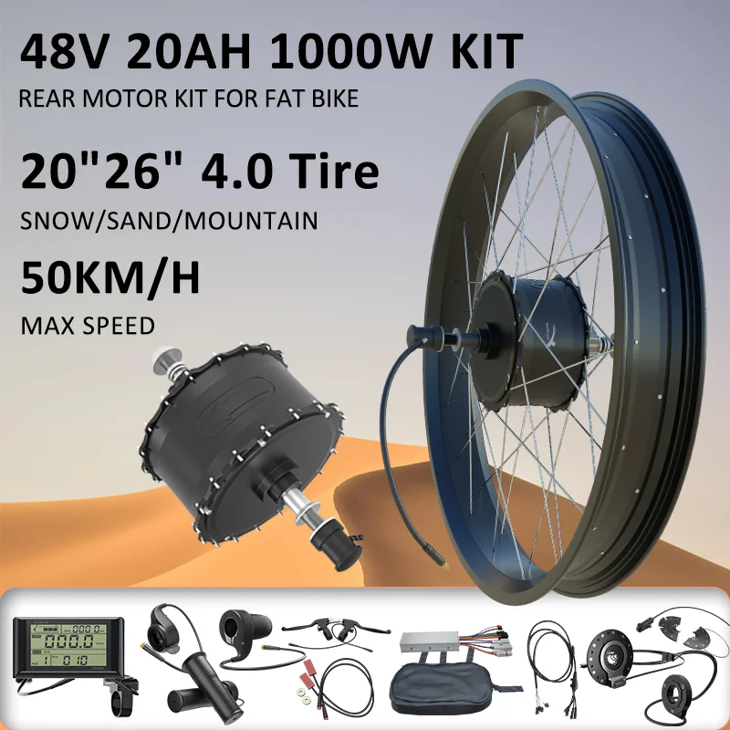 48V1000W Rear Motor Kit for Fat Bike 20/26Inch 4.0 Width Tires Electric Bike Kit Dropout 170/190mm Fat Bike Kit 50KM/H Max Speed