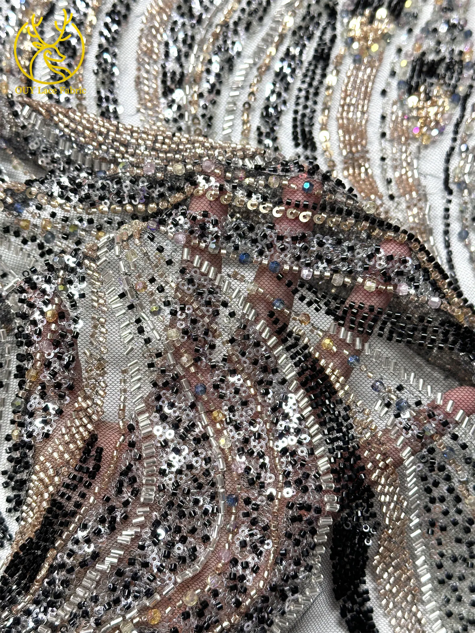 2026 Neuester nigerianischer Luxus-Bräutigam-Spitzenstoff mit Handperlen, afrikanischer Pailletten-Spitzenstoff, geeignet für Hochzeit, Party, Kleid, Sewin – Detail 8