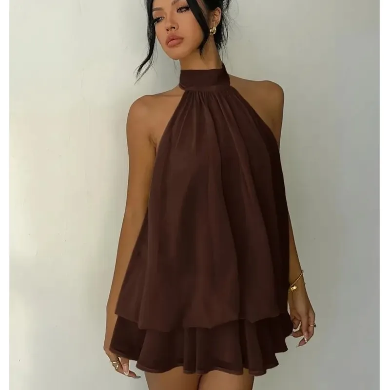 Boho Beach Vacation Womens Dress Chiffon Blouses 2 Pieces Sets Halter Neck Tea Break Short Skirt 2026 Summer Sexy Backless Women