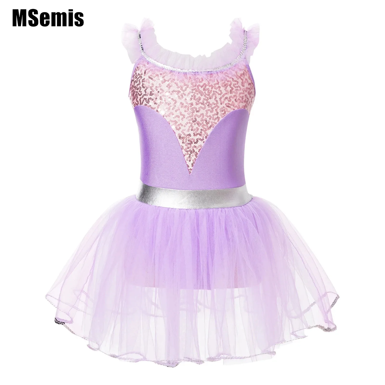 

Kids Girls Ruffle Straps Dance Dress Sequin One Piece Bodysuit Tulle Tutu Dancing Dress for Ballet Latin Training