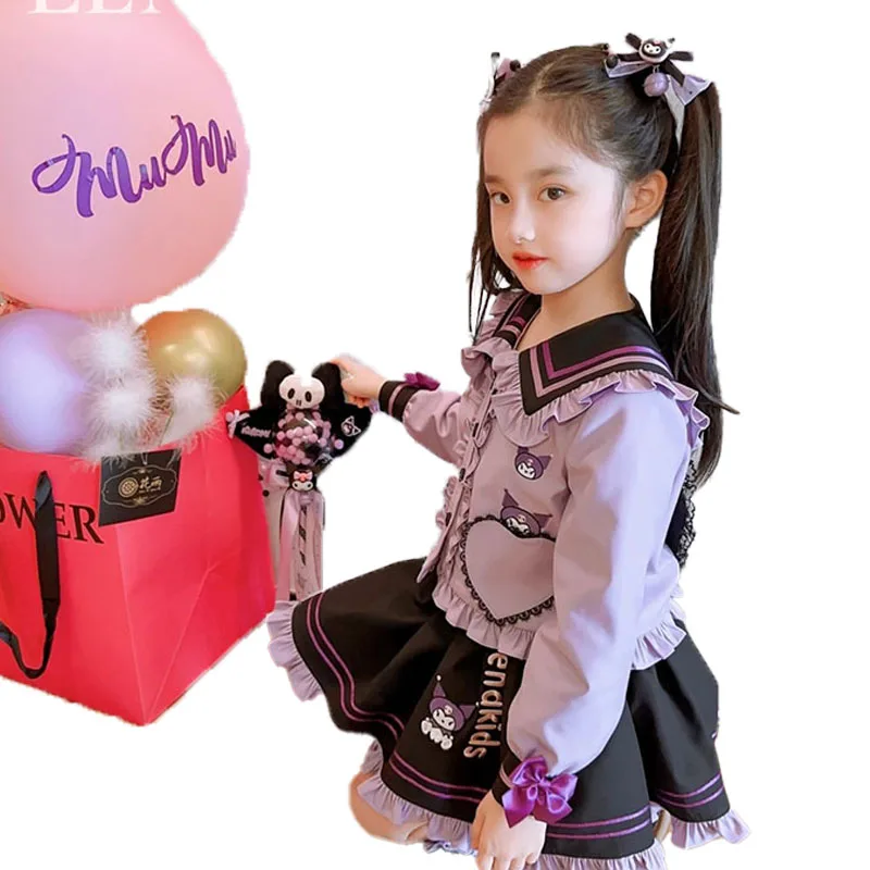 Kawaii Anime Sanrios Kids Kuromi Jk Outfit Fashion Jacket Long Sleeve Tops Pleated Skirt Cute Princess Dress Preppy Girl Clothes