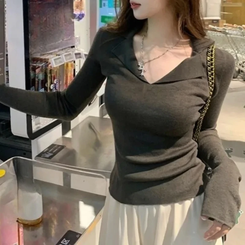 الياقات محبوك قميص المرأة البلوز سترة القمم الإناث طويلة الأكمام سليم صالح متماسكة بلوزة ربيع الخريف عادية Sueter Ligero