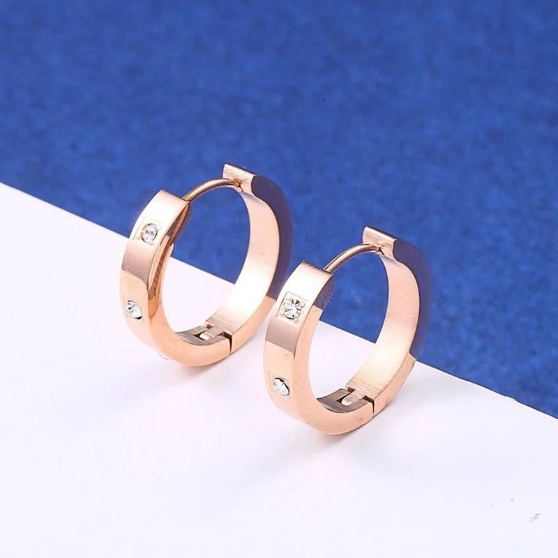 Stainless Steel Rose Gold Crystal Stones Hoop Earrings Jewelry Women Ladies Minimalism Earrings Jewellery Gift For Him