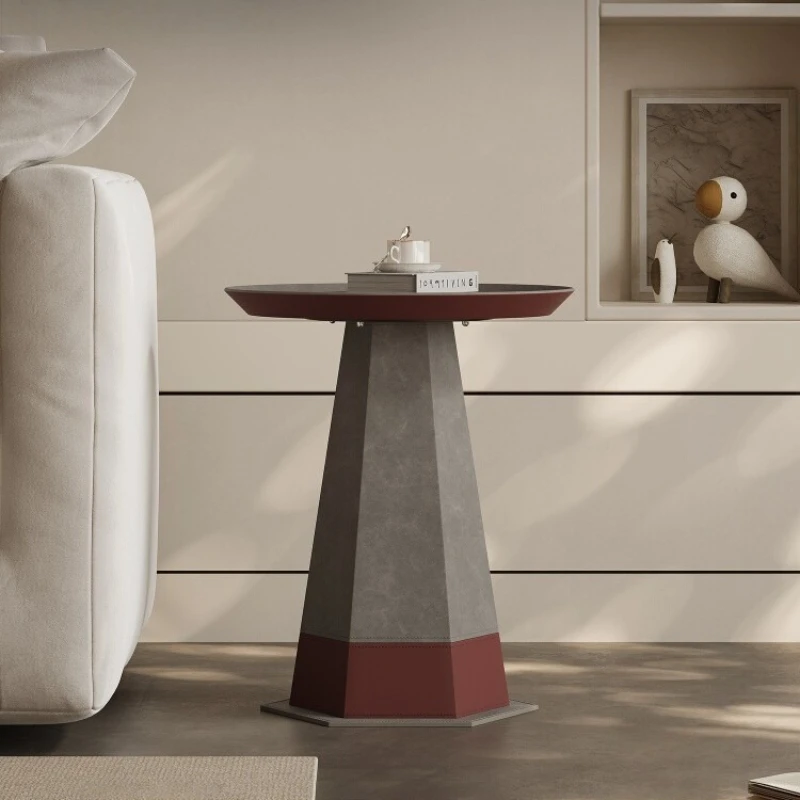 Italian minimalist round side table living room 2025 new saddle leather artistic small coffee table
