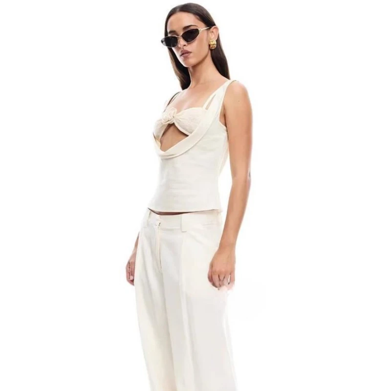 Lioness sexy linen three-dimensional flower lace halter two-piece top and trousers straight, loose