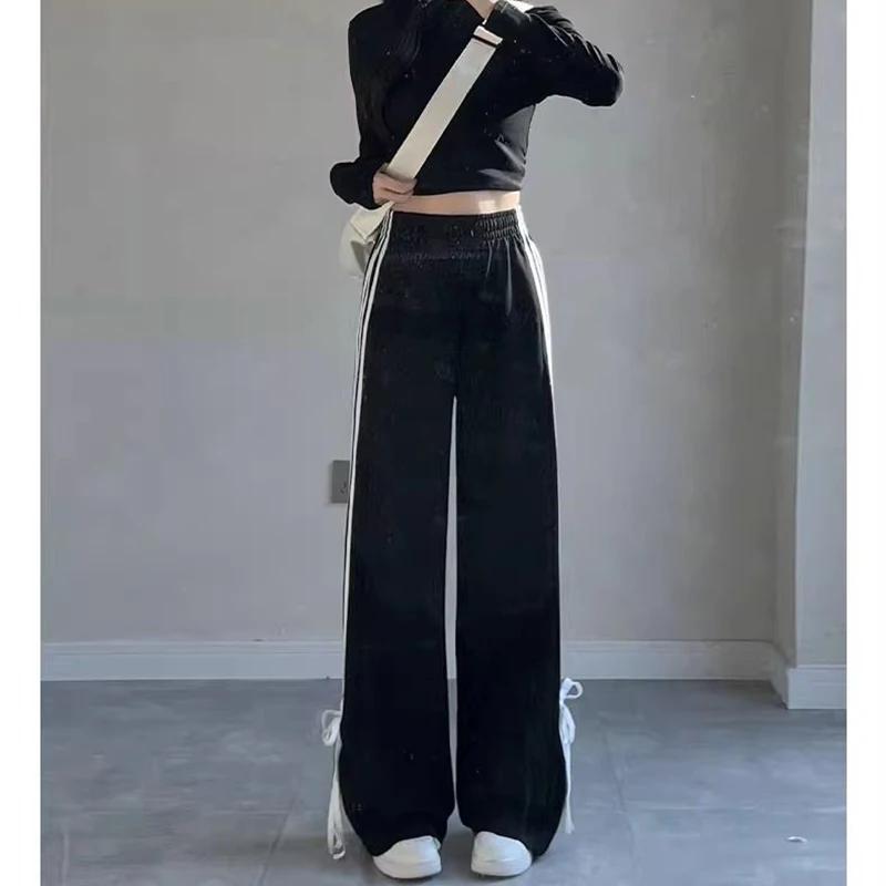 Feminino chique cintura alta calças soltas meninas chique listrado bowknots retalhos calças senhora moda perna larga calças casuais