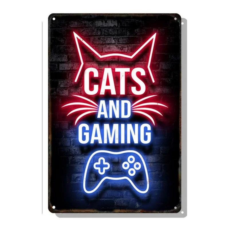 Gamepad Metal Poster Neon Light Glow Lettering Decorative Tin Sign Game Room Wall Art Plaque Modern Home Aesthetic 8 X 12 Inch