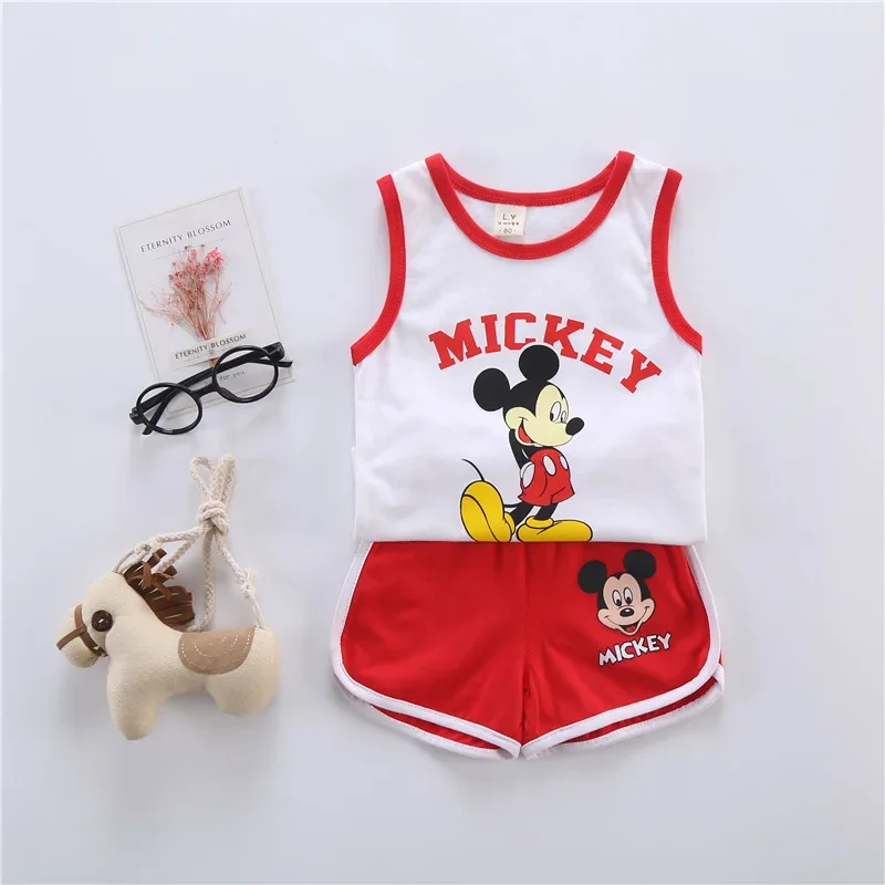 Summer Cartoon Mickey Mouse Donald Kids Boy Clothes Sleeveless Top+Pant Shorts 2Pcs Set Baby Boy Clothing Set Pajama Sport Suit