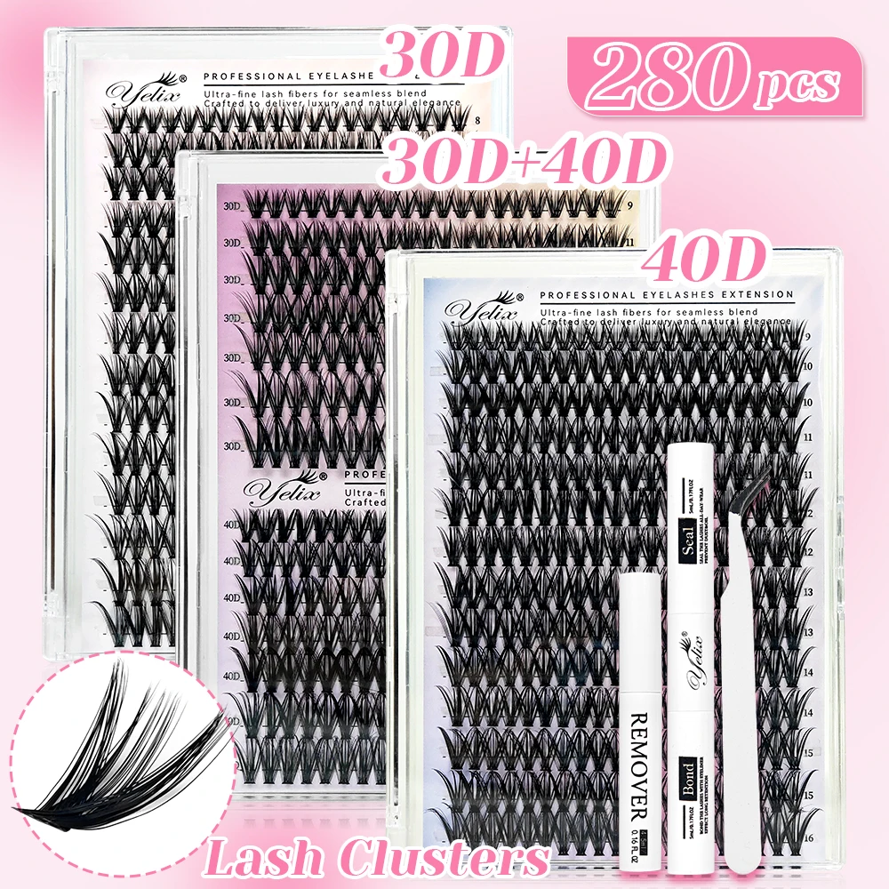 Yelix DIY Wimpernverlängerungsset Einzelwimpern Cluster-Mix Wimpern Komplettset mit Wimpernkleber und Versiegelung für Zuhause