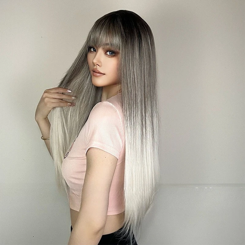 تغيير تدريجيًا، شعر مستعار طويل مستقيم من Qi، شعر مستعار طبيعي مريح وجيد التهوية وملمس رائع #4