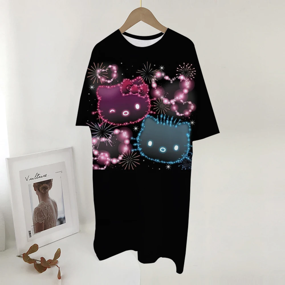 2023 New Korean-style Plus-size Hello Kitty print T-shirt Women's Summer Loose-fit Belly Covering Student Dress ﻿